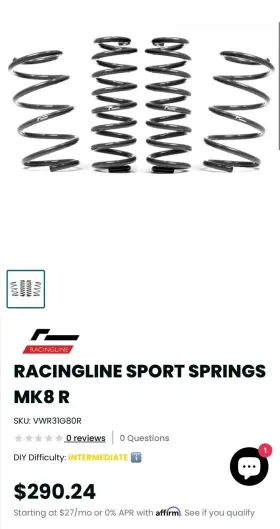 Vwr31g80r Racingline Mk8 Golf R Lowering Springs Brand New