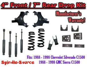 Spindle-source 281714812994 1988 - 1998 Chevrolet Gmc C1500 4 Inch Front 7 Rear Drop Lowering Kit 4/7 Shocks