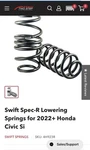 Swift Spec-r Lowering Springs For 2022+ Honda Civic Si Sku: 4H923R. Fixed Price $350.00.